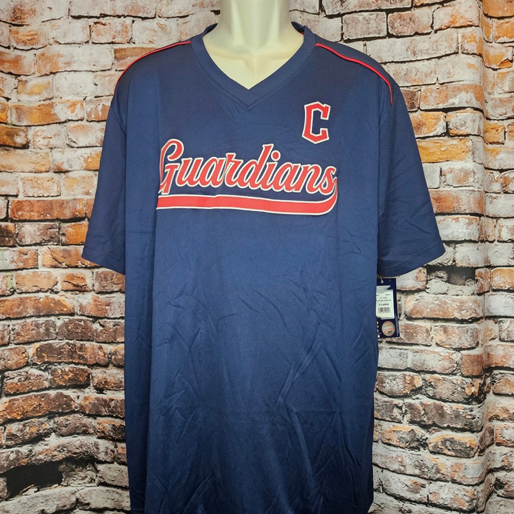 NWT Majestic MLB Cleveland Guardians V-Neck Jersey Navy Blue Red XL FL 6335